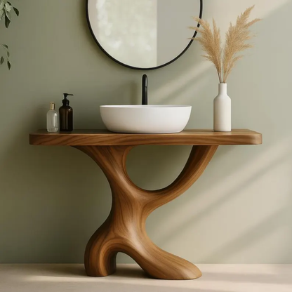 Handcrafted Solid Wood Bathroom Vanity with Sculptural Curved Base – Modern Organic Design Kitchnce