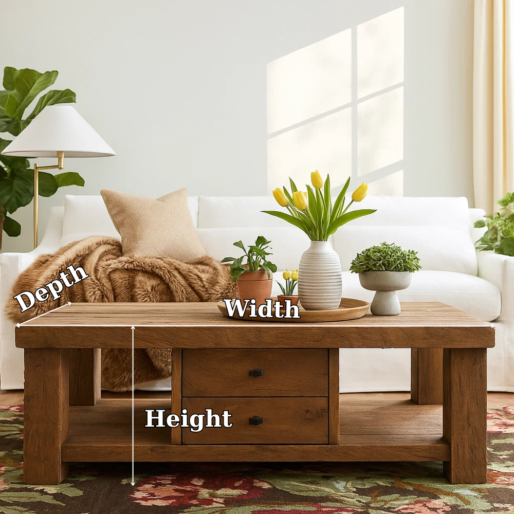 Handcrafted Solid Wood Coffee Table – Rustic Farmhouse Design with Drawers and Open Shelf Kitchnce