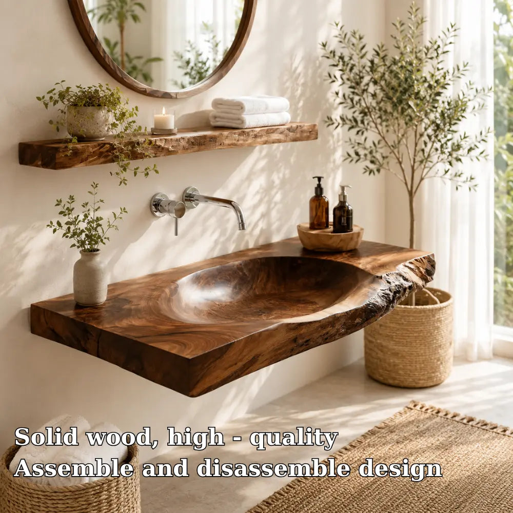 Live Edge Vanity & Shelf Set | Solid Wood Carved Sink Floating Bathroom Kitchnce