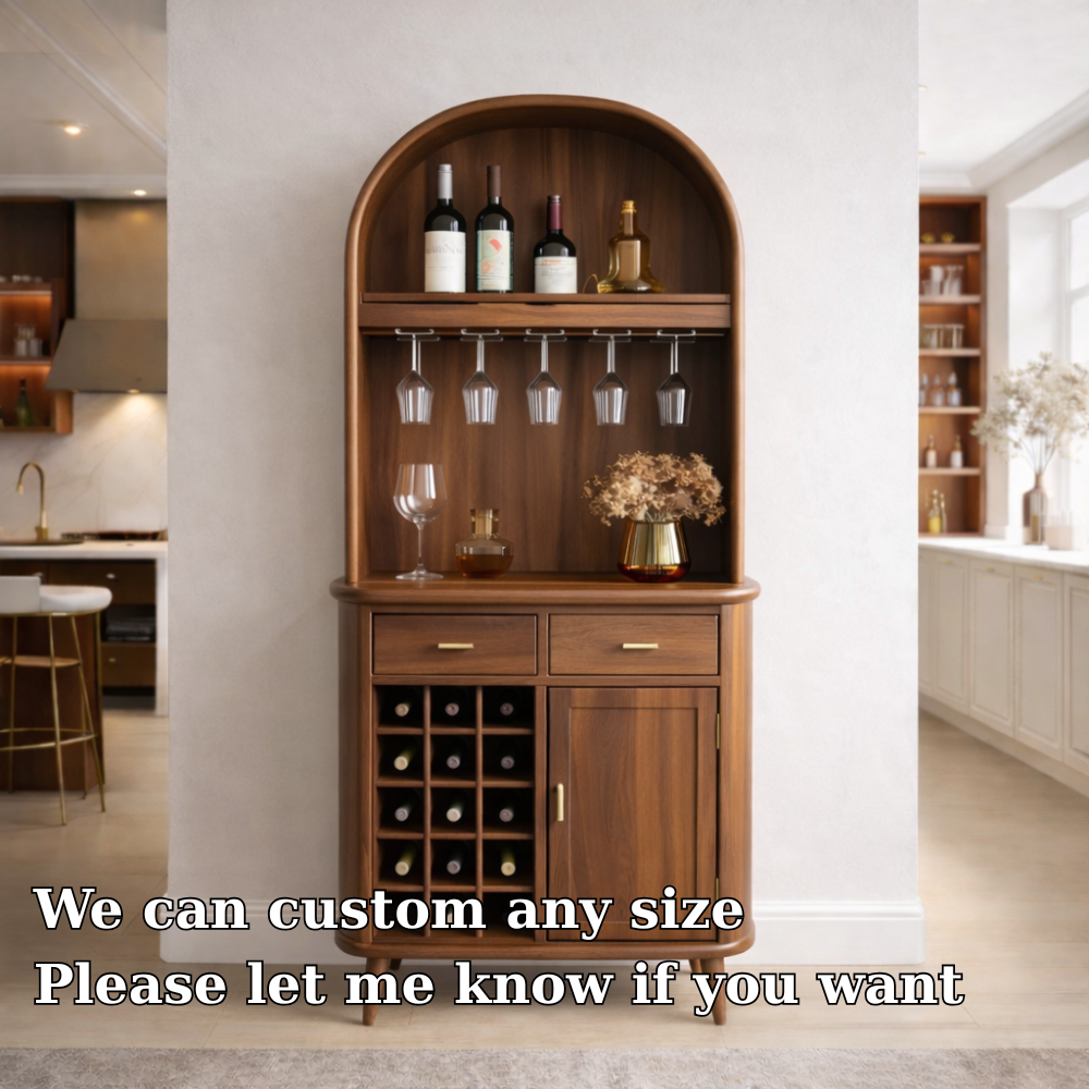 Solid Wood Arched Bar Cabinet with Wine Rack and Hanging Glass Holder