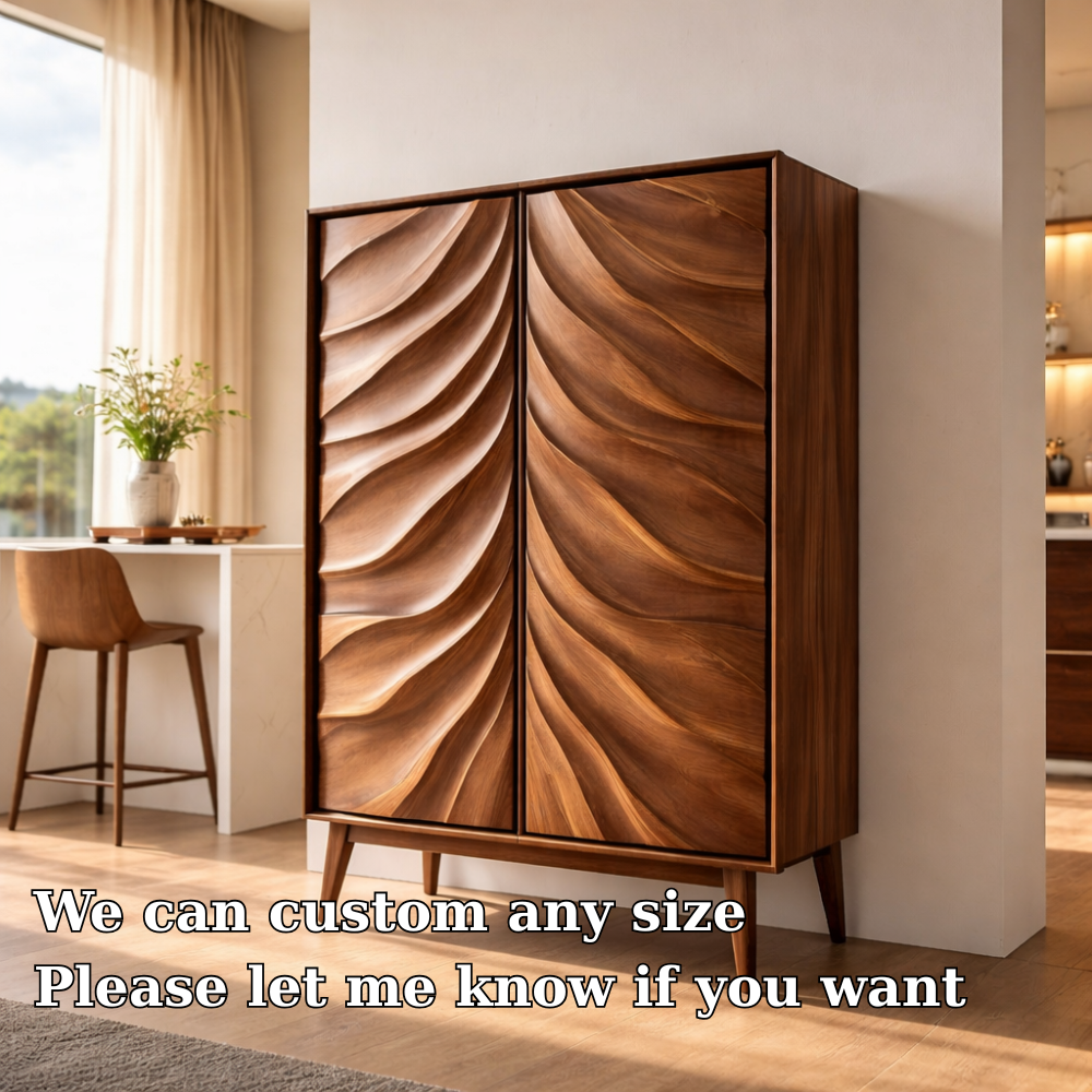 Solid Wood Bar Cabinet with Sculpted Wave Doors – Modern Mid Century Liquor Storage