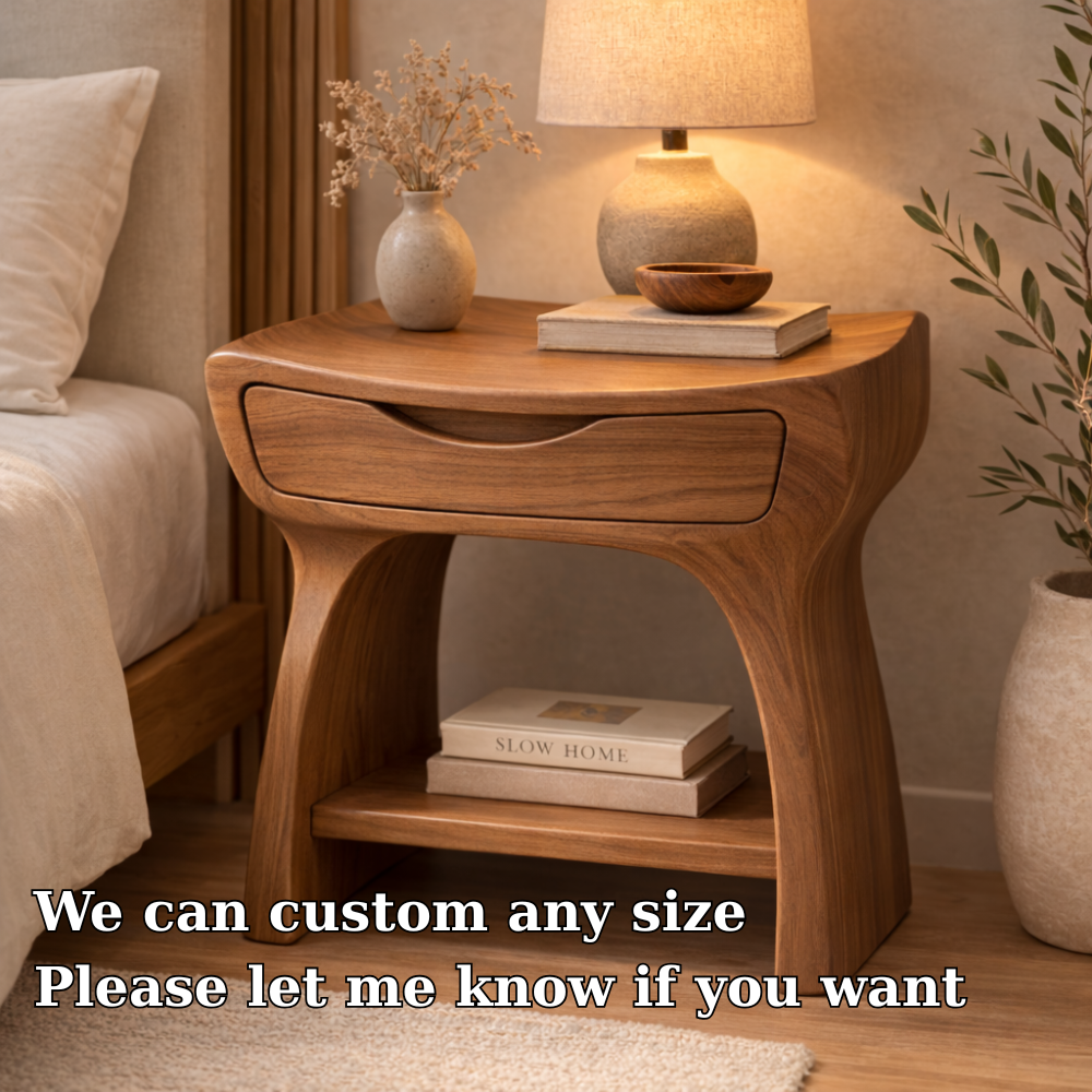 Solid Wood Nightstand with Drawer and Shelf – Modern Curved Bedside Table Kitchnce