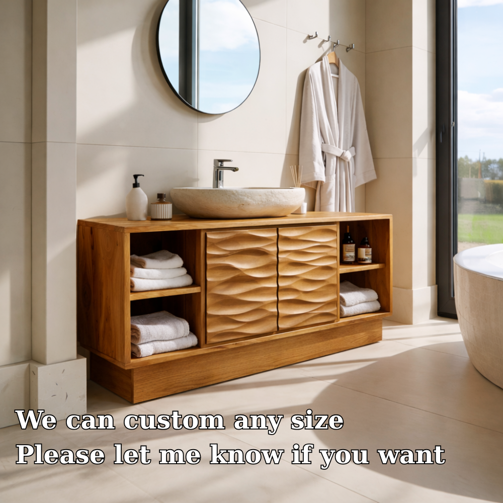 Modern Solid Wood Bathroom Vanity with Wave-Patterned Doors