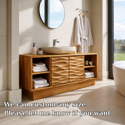 Modern Solid Wood Bathroom Vanity with Wave-Patterned Doors