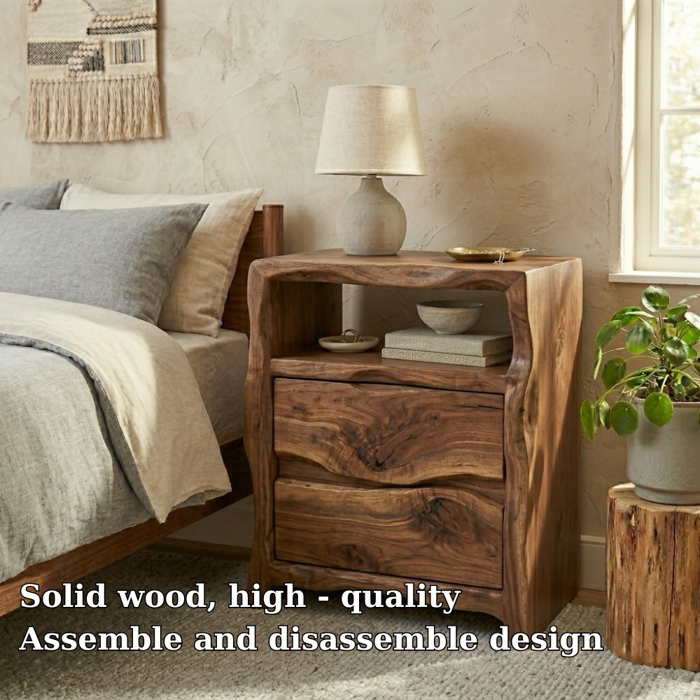 Solid Nightstand - Handcrafted Organic Wavy Edge Table with 2 Drawers & Cubby