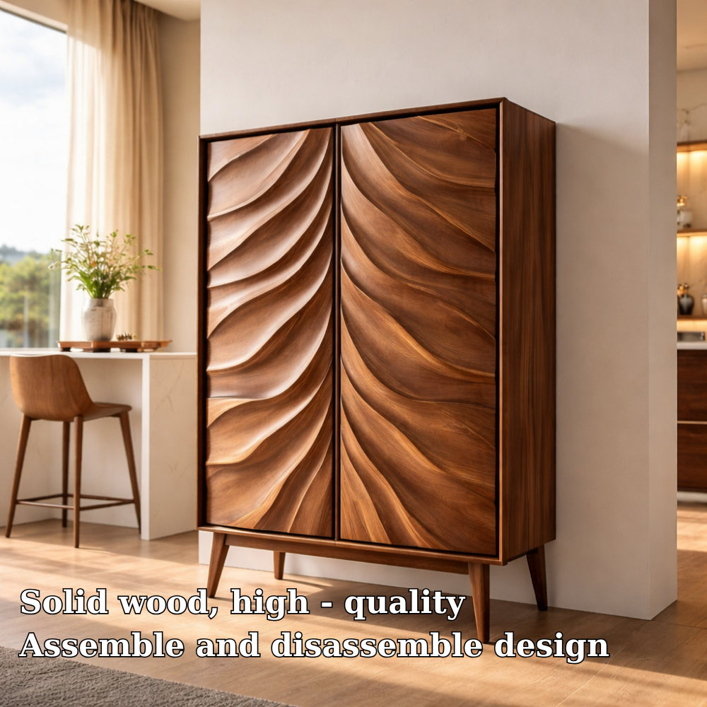 Solid Wood Bar Cabinet with Sculpted Wave Doors – Modern Mid Century Liquor Storage