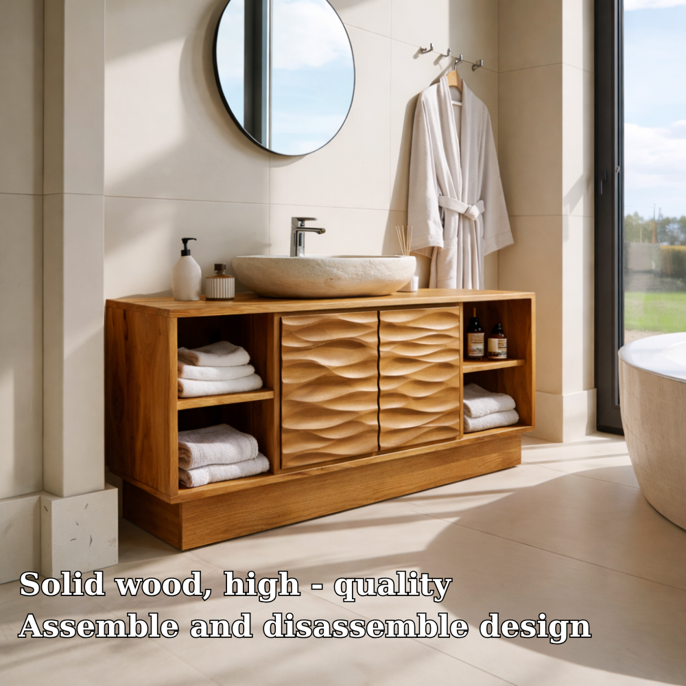 Modern Solid Wood Bathroom Vanity with Wave-Patterned Doors