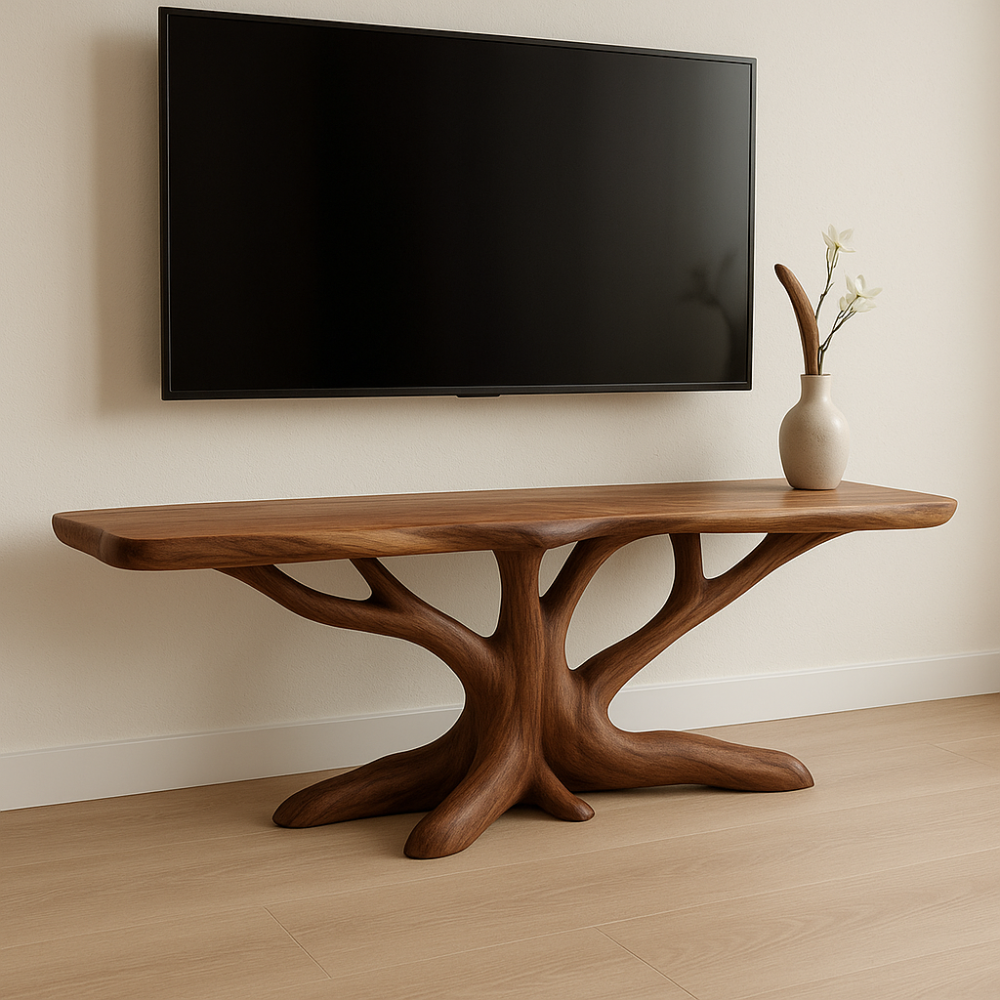Handcrafted Solid Wood TV Stand – Modern Organic Design with Tree Branch Inspired Base Kitchnce