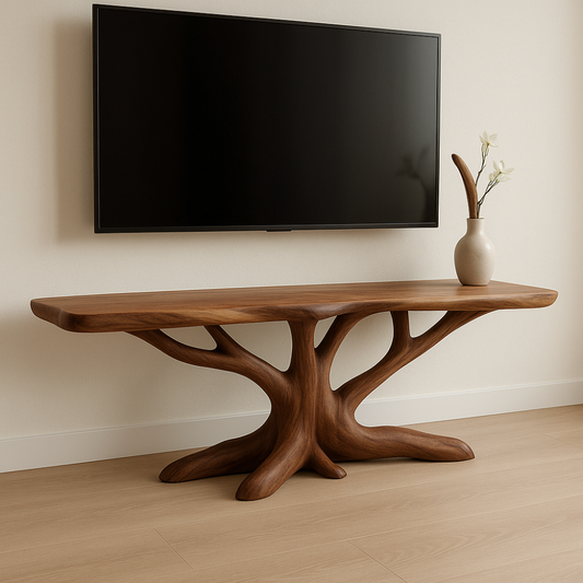 Handcrafted Solid Wood TV Stand – Modern Organic Design with Tree Branch Inspired Base Kitchnce