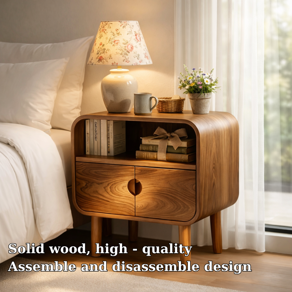 Solid Wood Nightstand with Cabinet Doors & Open Shelf – Modern Bedside Table