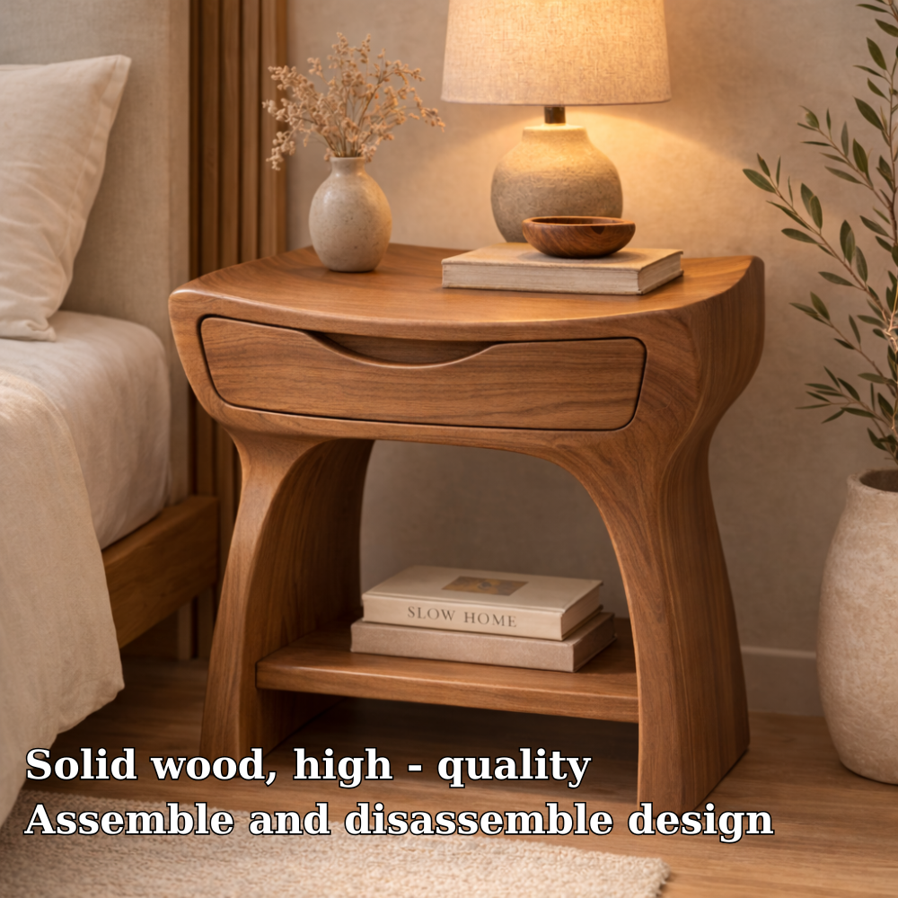 Solid Wood Nightstand with Drawer and Shelf – Modern Curved Bedside Table Kitchnce