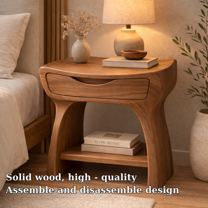 Solid Wood Nightstand with Drawer and Shelf – Modern Curved Bedside Table Kitchnce