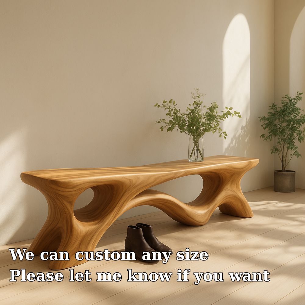 Handcrafted Solid Wood Bench – Sculptural Organic Design with Modern Flowing Curves Kitchnce