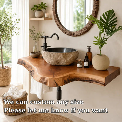 Live Edge Epoxy Vanity Shelf | Asymmetric Solid Wood Floating Bathroom Counter Kitchnce