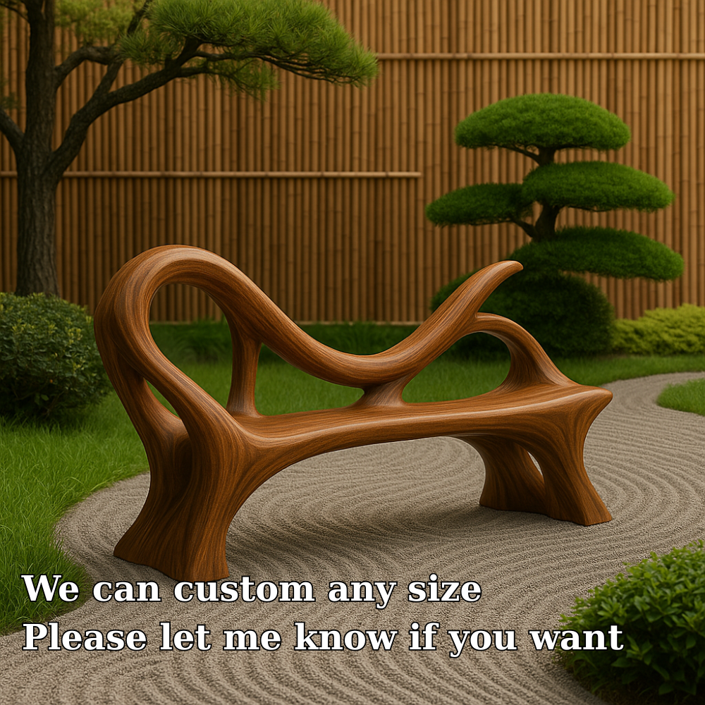 Handcrafted Solid Wood Bench with Backrest – Artistic Sculptural Organic Form Seating Kitchnce