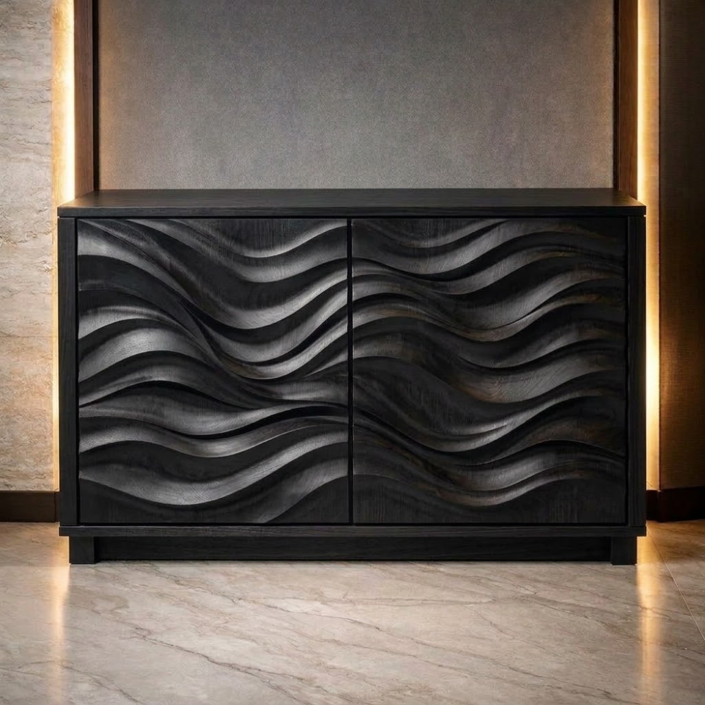 Wave-Pattern Solid Wood Console Cabinet - Modern Home Storage