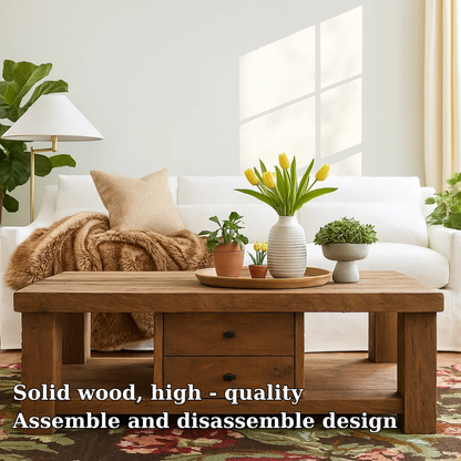 Handcrafted Solid Wood Coffee Table – Rustic Farmhouse Design with Drawers and Open Shelf Kitchnce