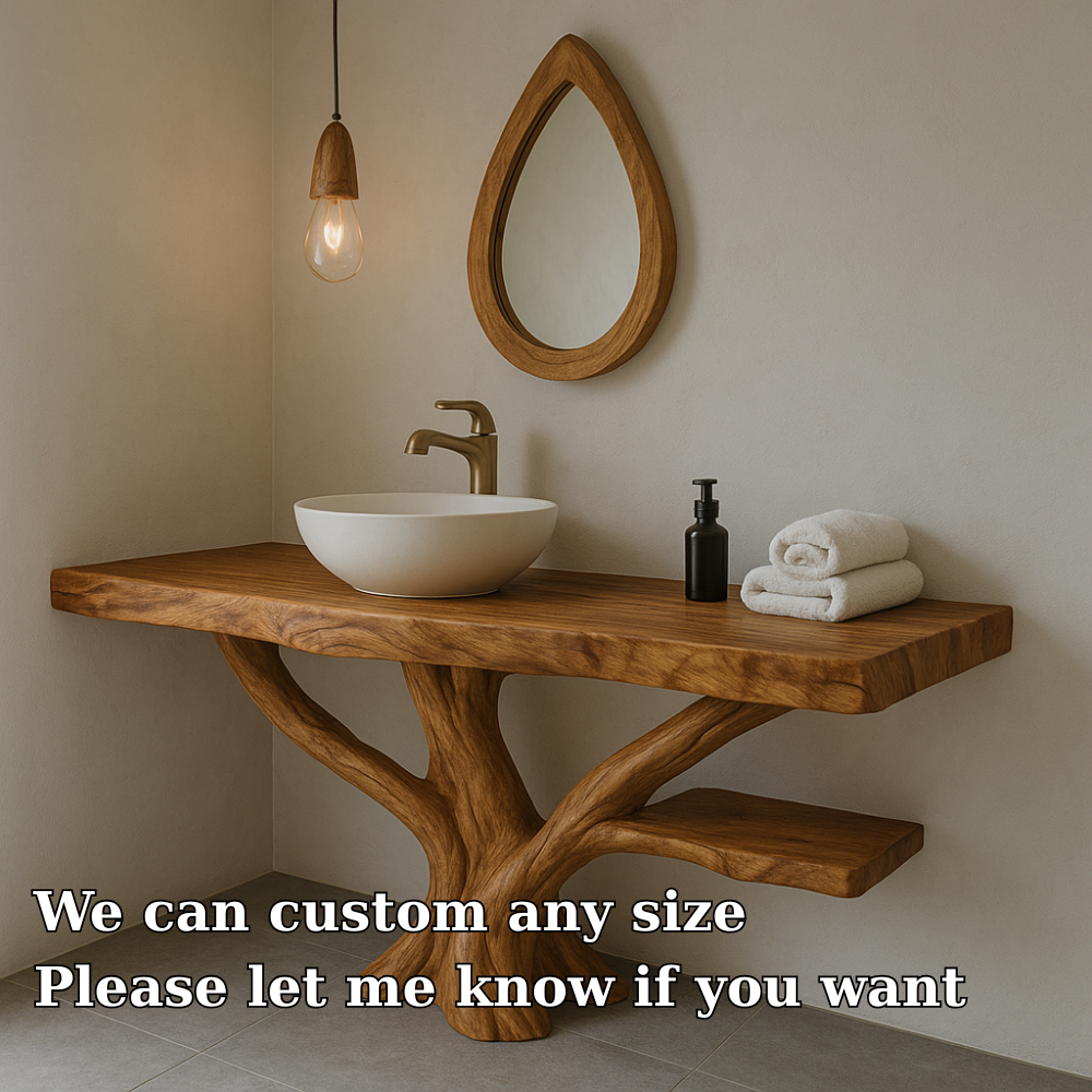 Handcrafted Solid Wood Bathroom Vanity – Sculptural Live Edge Design with Natural Finish Kitchnce