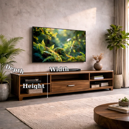 Modern Solid Wood TV Stand with Drawer and Open Shelves – Living Room Media Console Kitchnce