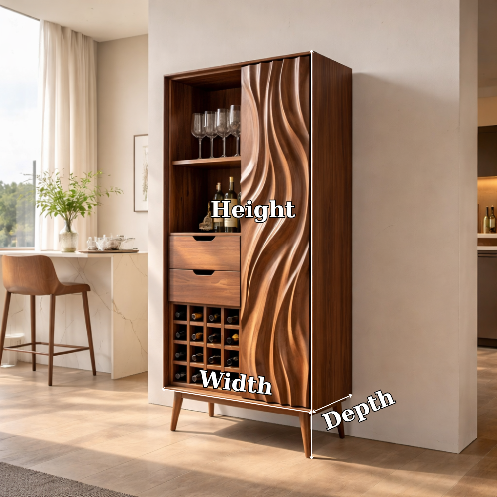 Tall Solid Wood Bar Cabinet with Wine Rack & Sculpted Door – Modern Home Bar Storage