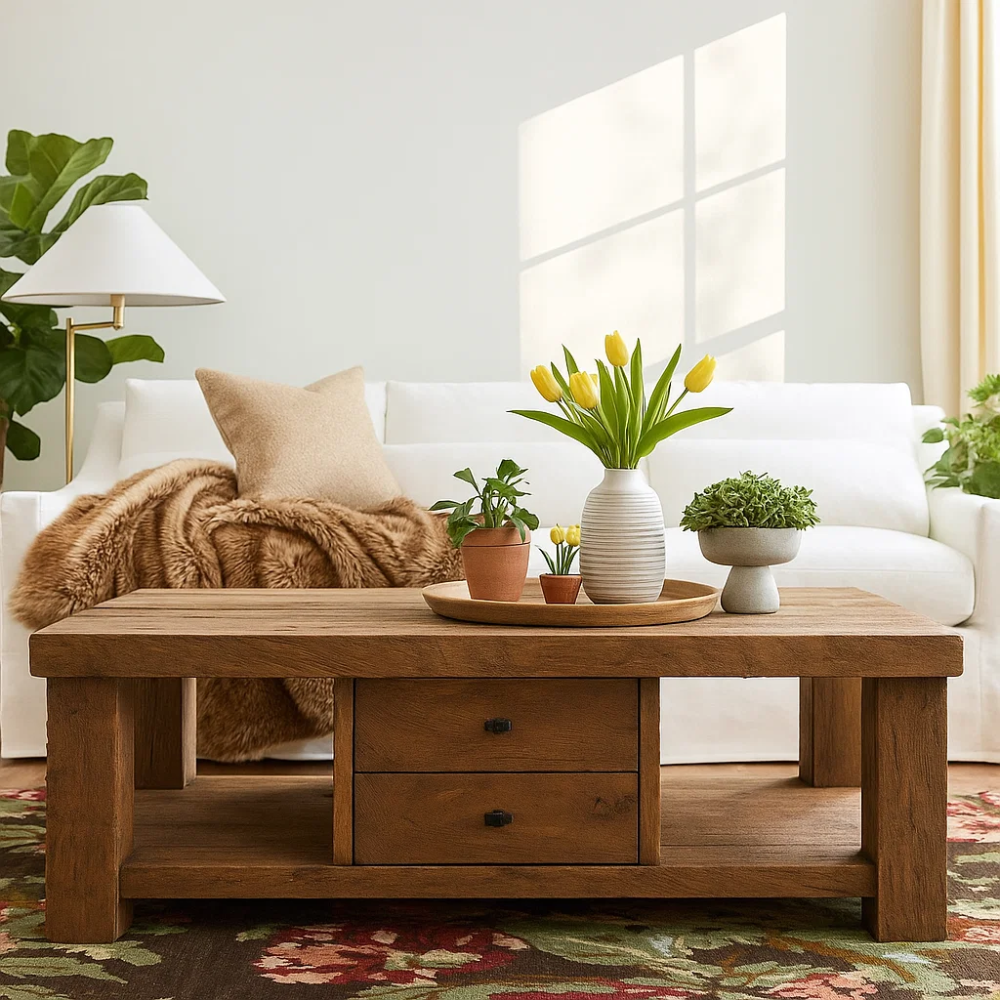 Handcrafted Solid Wood Coffee Table – Rustic Farmhouse Design with Drawers and Open Shelf Kitchnce