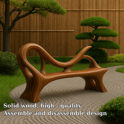 Handcrafted Solid Wood Bench with Backrest – Artistic Sculptural Organic Form Seating Kitchnce