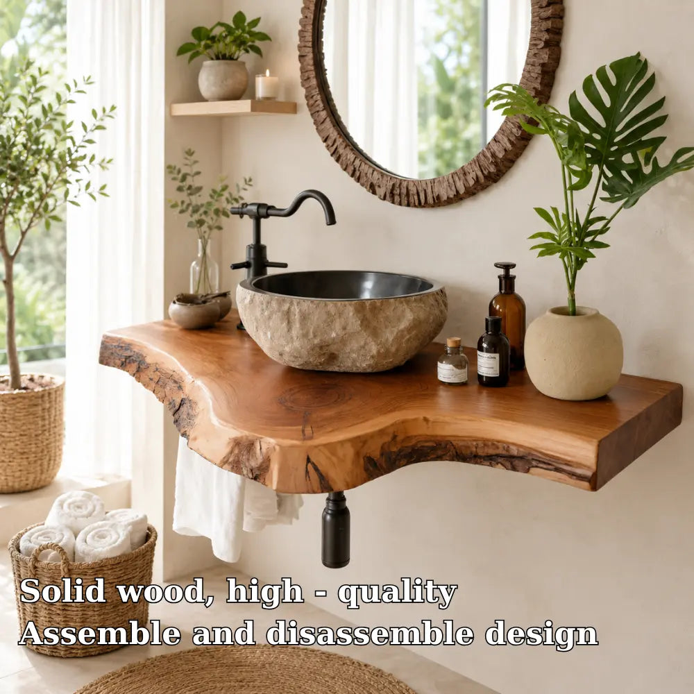 Live Edge Epoxy Vanity Shelf | Asymmetric Solid Wood Floating Bathroom Counter Kitchnce