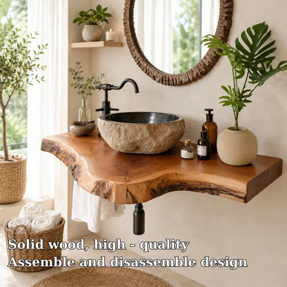 Live Edge Epoxy Vanity Shelf | Asymmetric Solid Wood Floating Bathroom Counter Kitchnce