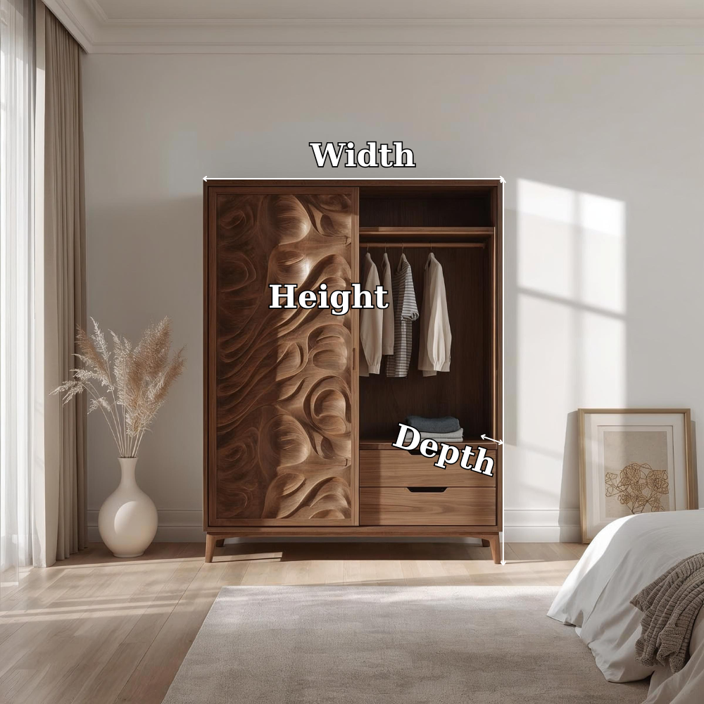 Solid Wood Wardrobe with Carved Panel Door – Modern Bedroom Closet with Drawers