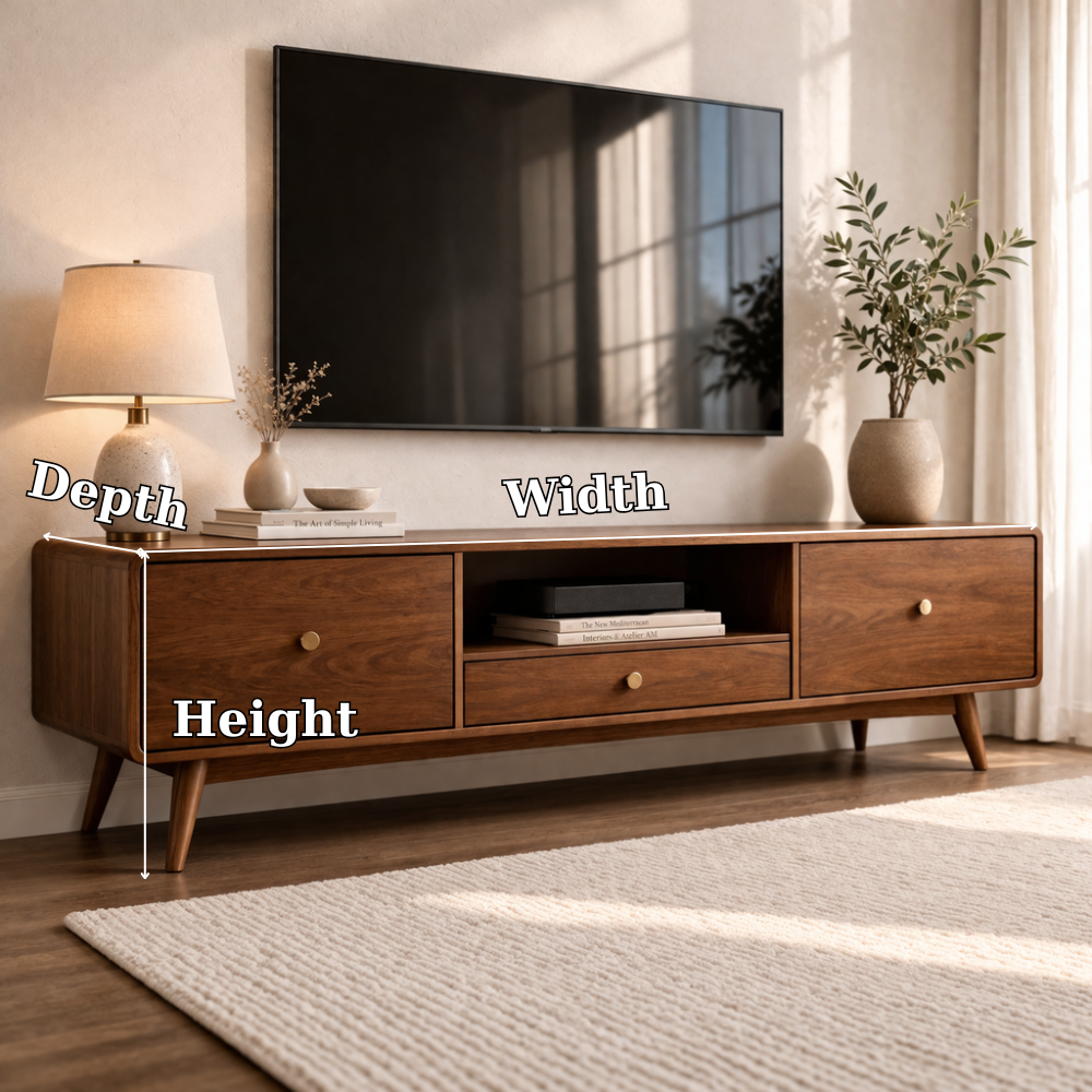 Mid Century Solid Wood TV Console with Drawers and Open Shelf