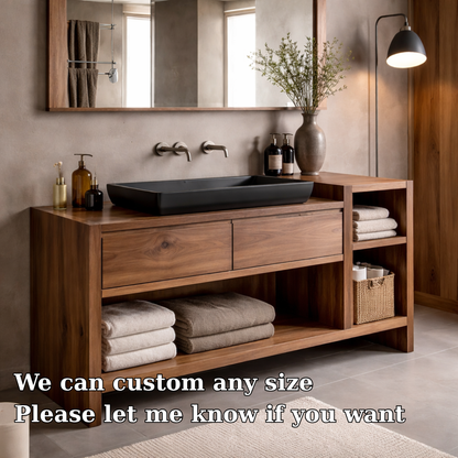 Solid Wood Bathroom Vanity Cabinet with Drawer & Side Shelf – Walnut Bathroom Storage