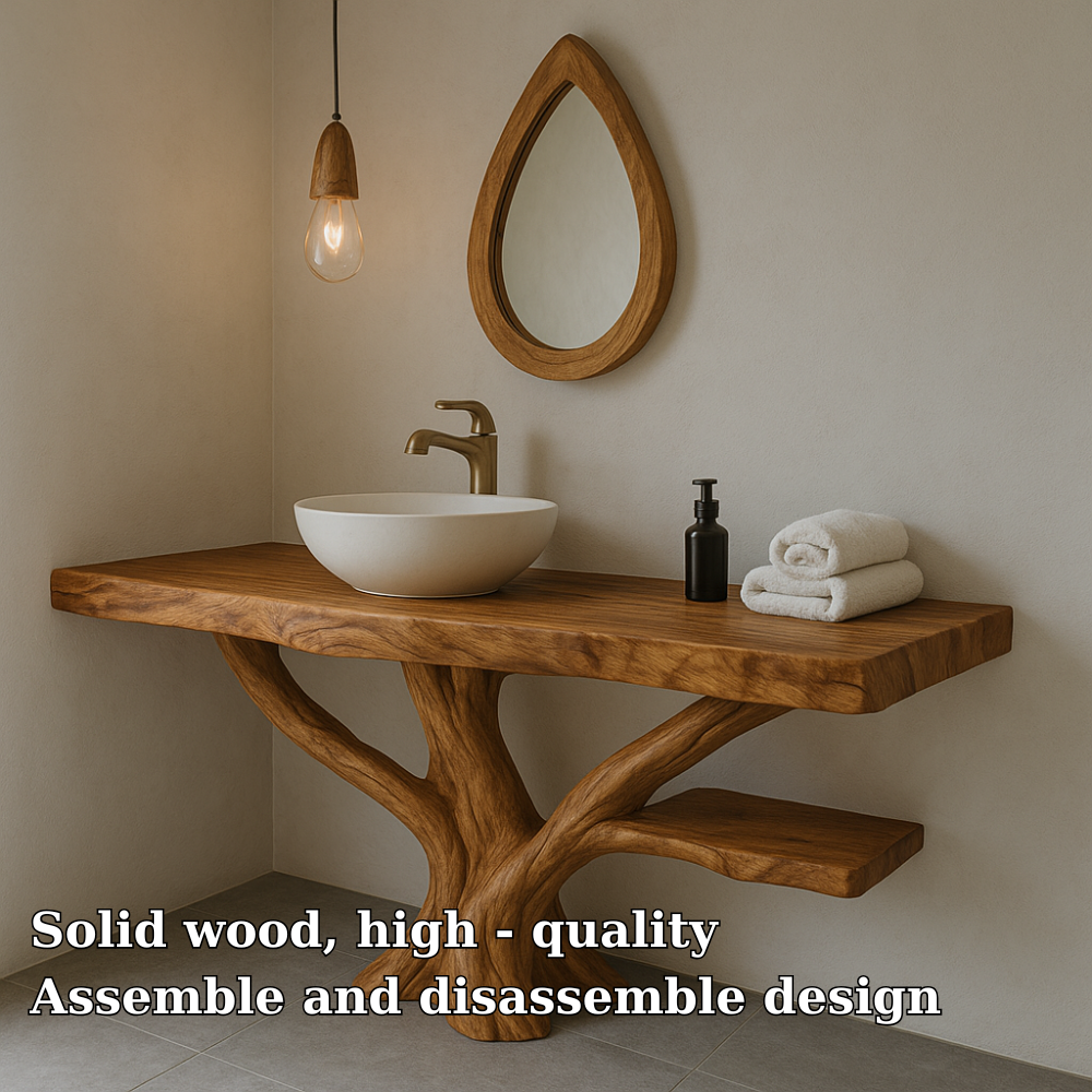 Handcrafted Solid Wood Bathroom Vanity – Sculptural Live Edge Design with Natural Finish Kitchnce