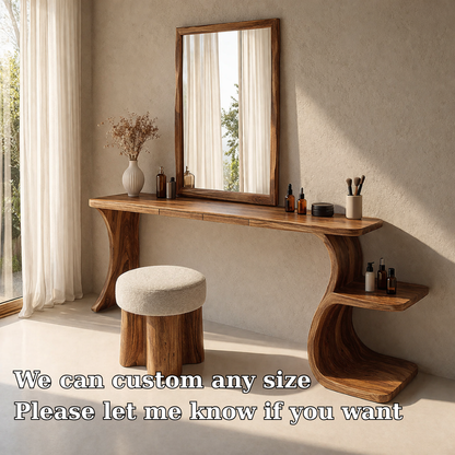 Handcrafted Solid Wood Makeup Vanity with Storage – Sculptural Modern Design