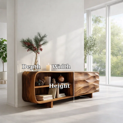 Solid Wood Sideboard Console with Wave Carved Door & Open Shelf Storage