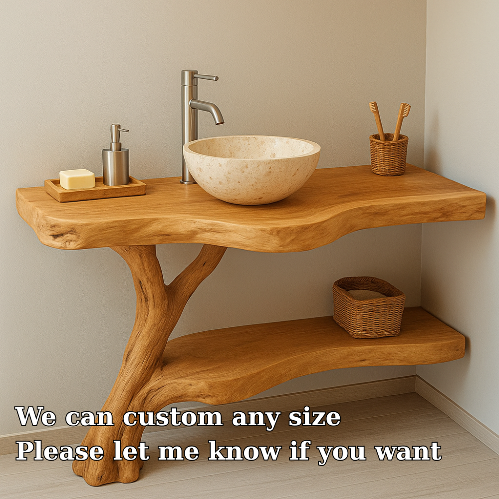 Handcrafted Solid Wood Bathroom Vanity – Live Edge Corner Design with Natural Finish Kitchnce
