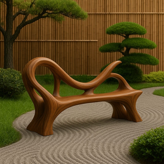 Handcrafted Solid Wood Bench with Backrest – Artistic Sculptural Organic Form Seating Kitchnce
