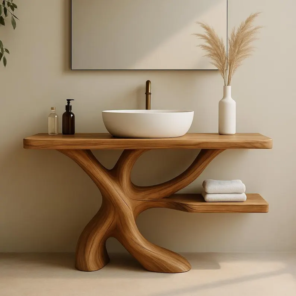 Handcrafted Solid Wood Bathroom Vanity with Organic Branch Design – Modern Natural Elegance Kitchnce