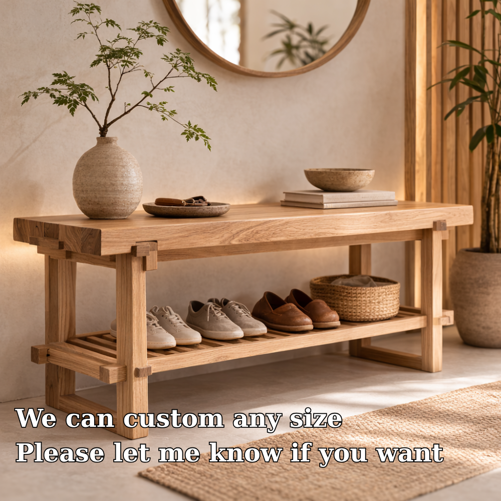 Solid Oak Entryway Bench with Storage Shelf | Modern Hallway Seating Kitchnce