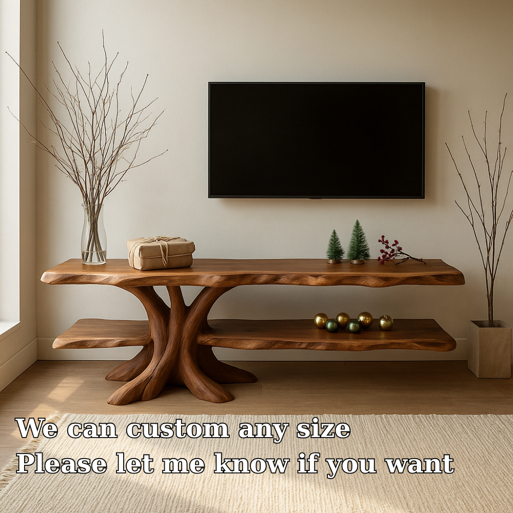 Handcrafted Solid Wood TV Stand – Tree Root Inspired Design with Natural Rustic Elegance Kitchnce