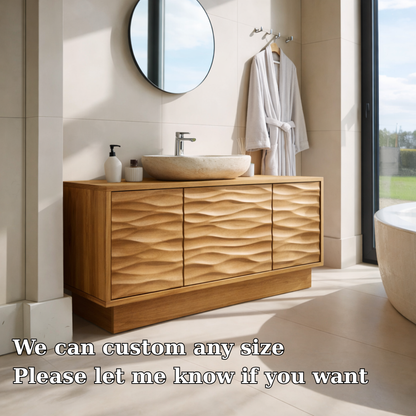 Solid Wood Bathroom Vanity with Wave-Design Front – Modern Storage Cabinet