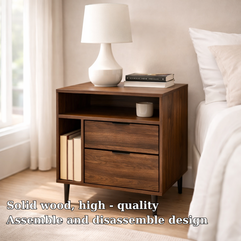 Solid Wood Nightstand with 2 Drawers & Shelf – Modern Bedside Table Storage