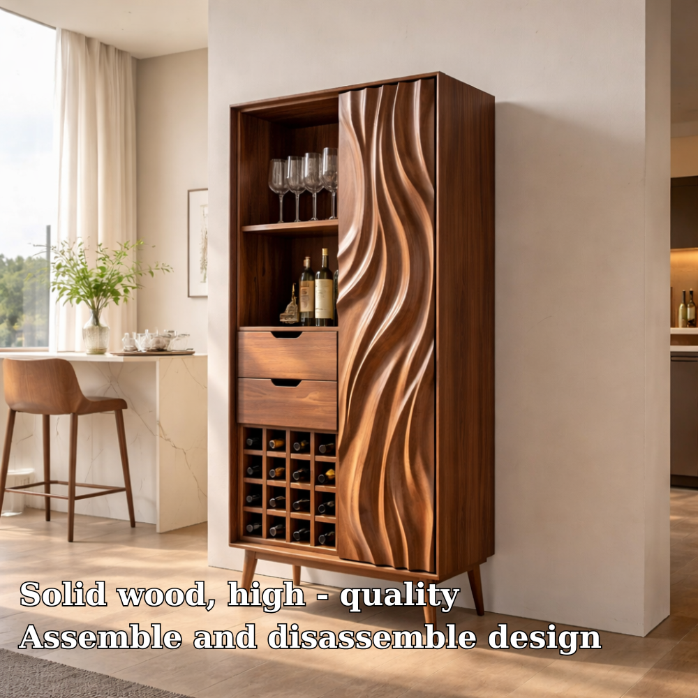 Tall Solid Wood Bar Cabinet with Wine Rack & Sculpted Door – Modern Home Bar Storage