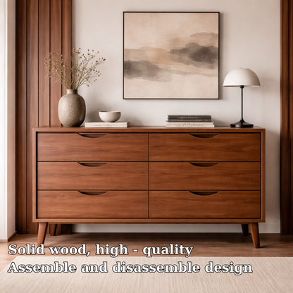 Solid Wood Console Cabinet with 6 Drawers – Modern Mid-Century Storage Sideboard