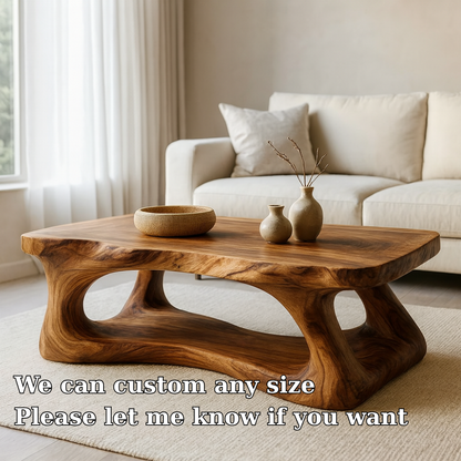 Handcrafted Solid Wood Coffee Table with Organic Sculptural Base, Modern Natural Center Table for Living Room, Luxury Artisan Wooden Furniture Kitchnce