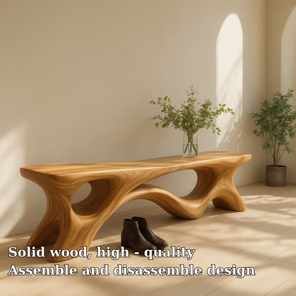 Handcrafted Solid Wood Bench – Sculptural Organic Design with Modern Flowing Curves Kitchnce