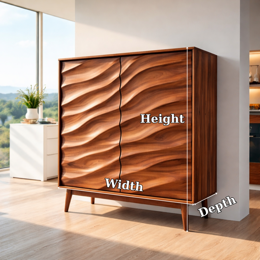 Solid Wood Bar Cabinet with Sculpted Wave Doors – Modern Mid Century Home Bar Storage