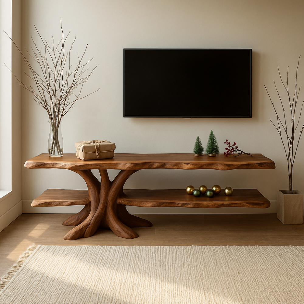 Handcrafted Solid Wood TV Stand – Tree Root Inspired Design with Natural Rustic Elegance Kitchnce