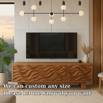 Solid Wood TV Stand Modern Walnut Media Console with Wave Front Storage Cabinet