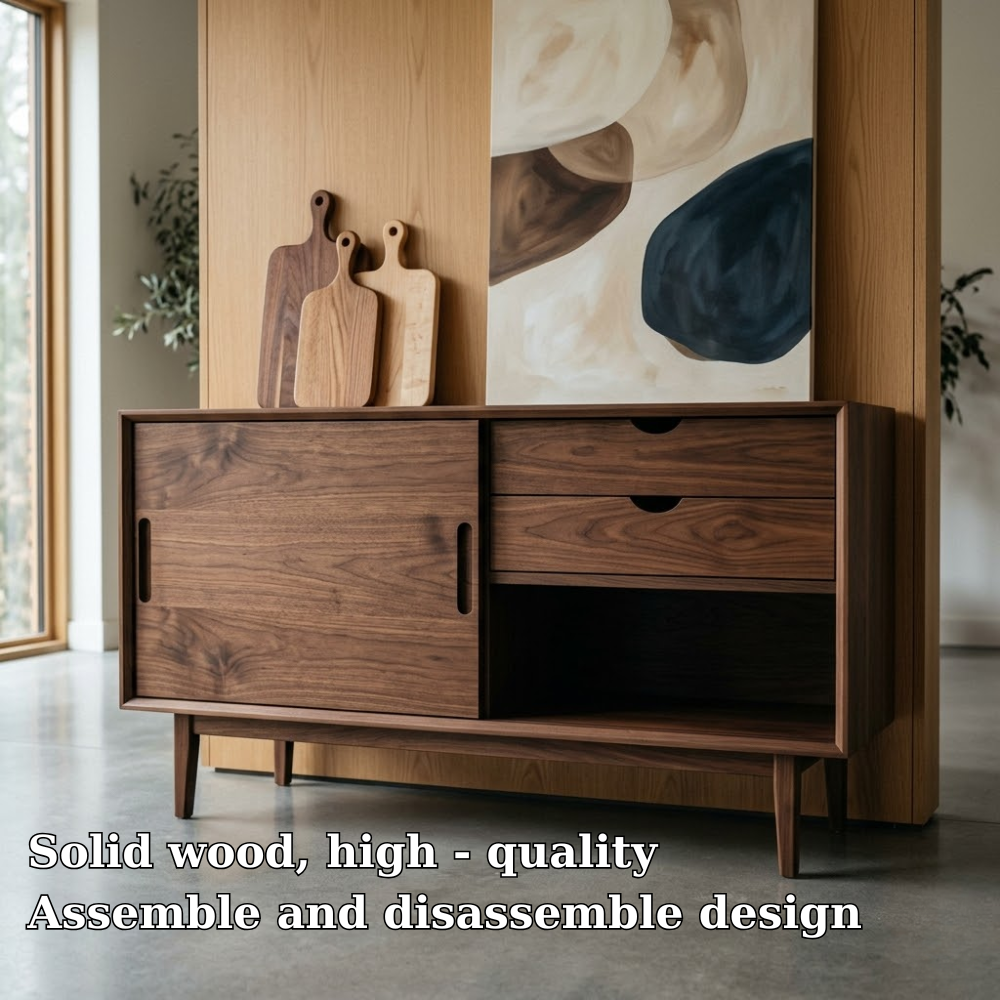 Mid Century Solid Wood Console Cabinet with Sliding Door and Drawers