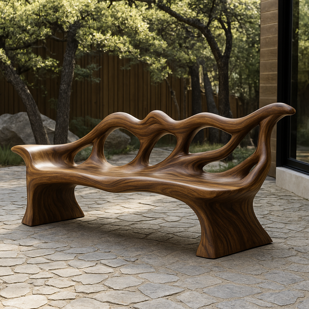 Handcrafted Solid Wood Bench with Backrest – Sculptural Organic Design for Indoor & Outdoor Kitchnce